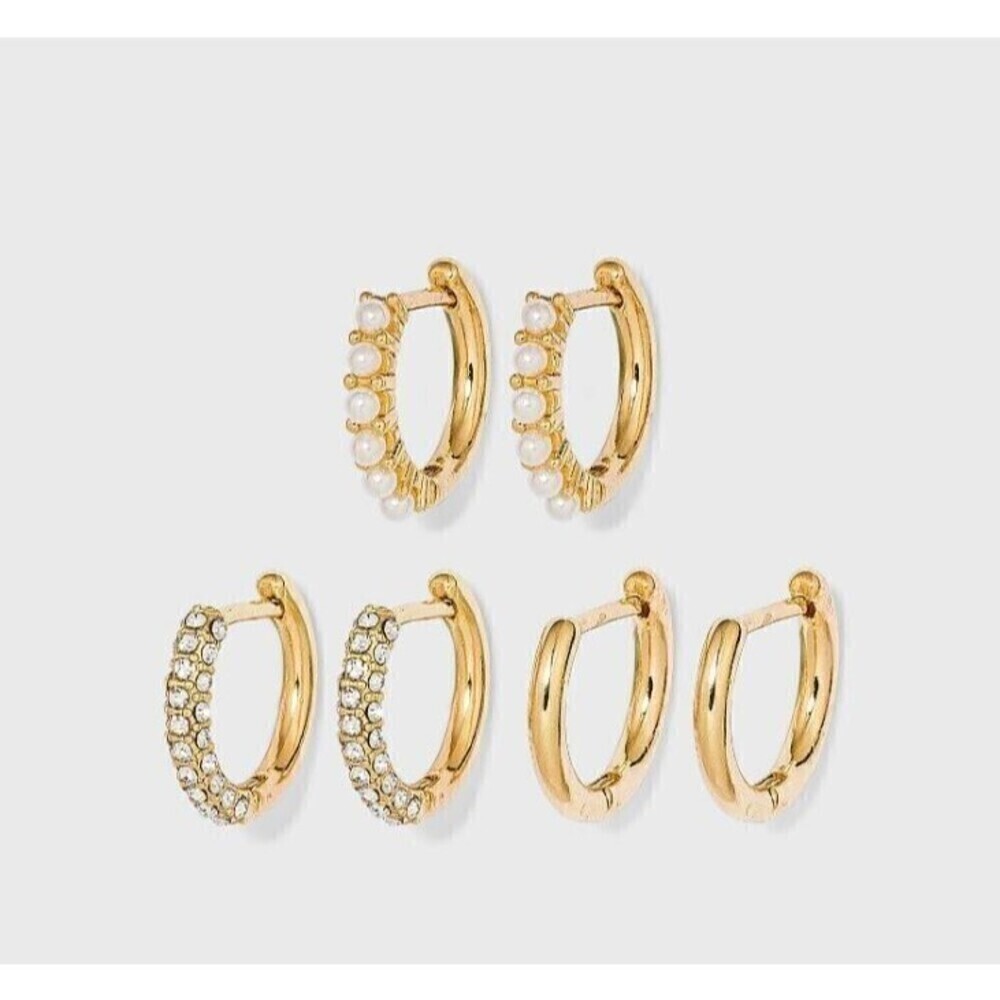 SUGARFIX by‎ BaubleBar Crystal Gold and Pearl Hoop Earring 3-pc. Set NWT